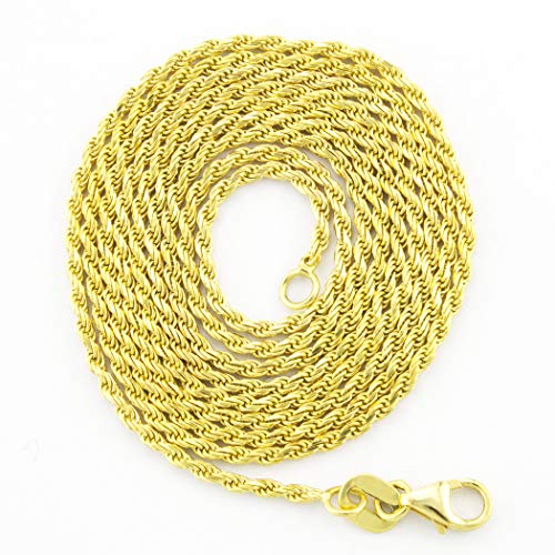 Nuragold 14k Real Yellow Gold Rope Chain Solid Diamond Cut Necklace - 1.8mm - 22"