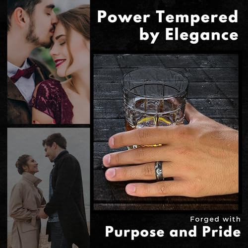 8mm Damascus Steel Men’s Wedding Band – 14K Rose Gold Inlay – Comfort Fit Ring with Polished Interior and Etched Black Grain (9)