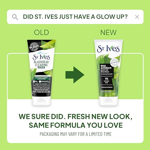 St. Ives Blackhead Clearing Face Scrub, Clears Blackheads & Unclogs Pores, Green Tea & Bamboo, Salicylic Acid Acne Treatment Facial Scrub, Moderate Exfoliator Skin Care with Natural Exfoliants 6 oz