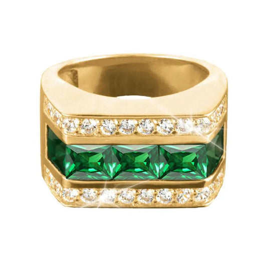 PYTALI Channel Emerald Gold Ring for Men 9K 10K 14K 18K Solid Yellow Gold Men's Ring Moissanite Engagement Band Ring for Men Boyfriend Husband Engagement Wedding Anniversary Size 4 to 16