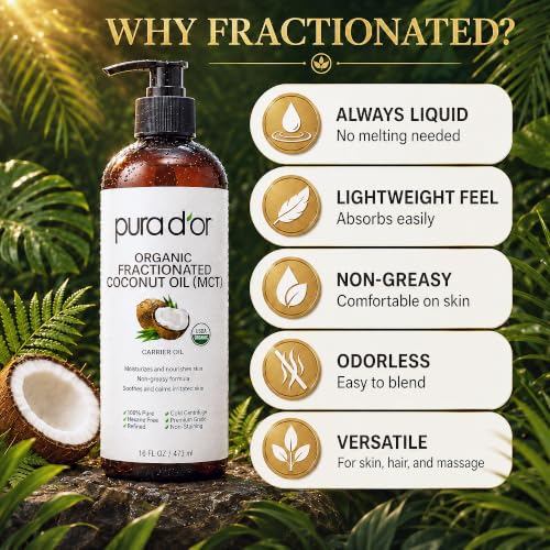 PURA D'OR Fractionated Coconut MCT Oil USDA ORGANIC Skin Hair 16oz