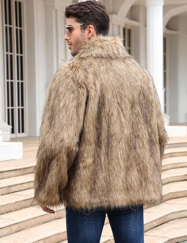 Arssm Mens Faux Fur Coats Winter Furry Fur Jacket Warm Fluffy Shaggy Jackets(Brown-L)