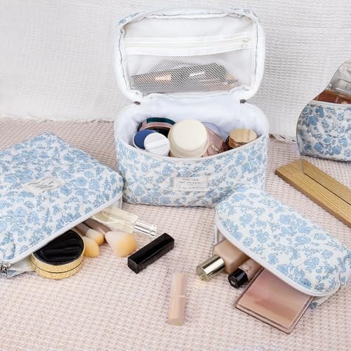 Gosect Makeup Bag, Large Quilted Cosmetic Bag, Big Floral Make Up Bag for Women Girls, Cute Cotton Makeup Bag Set, Flower Travel Toiletry Organizer Bag (Blue Flower)