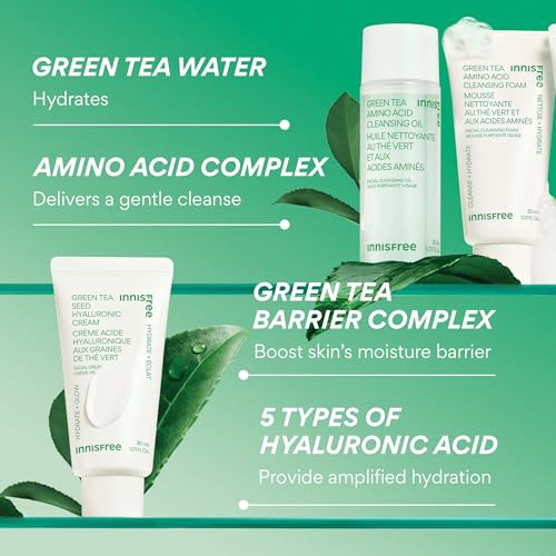 innisfree Green Tea Double Cleanse + Hydrate Trio | Korean Skincare Set with Hydrating Cleansing Oil, Face Wash, and Moisturizer | Gentle Lather | Sulfate-Free | Available in Gift Sets