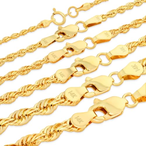 Nuragold 14K Real Yellow Gold Rope Diamond Cut Chain Lightweight Necklace - 20",2.5mm
