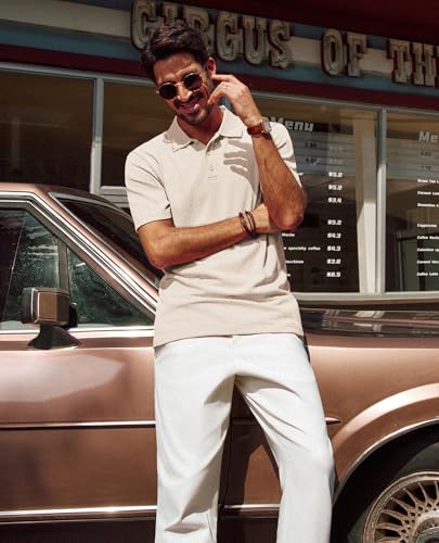 PJ PAUL JONES Textured Polo Shirt for Men Casual Knit Short Sleeve Polo T Shirt Summer Casual Knitted Shirts Apricot L