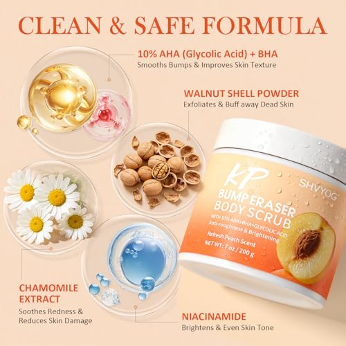 SHVYOG KP Bump Eraser Body Scrub with 10% AHA+BHA & Glycolic Acid, Exfoliating Body Scrub for Chicken & Strawberry Skin, Helps Reduce Skin Bumps, Soothe Rough Redness, Ingrown Hair, Peach Scent 7 Oz