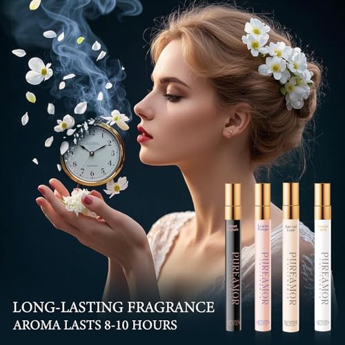 PUREAMOR Pheromones Perfumes for Women, Long lasting Skin Scent Fragrance Set, Amber Vanilla, Saffron Amber, Woody Citrus, Spicy Sandalwood, Body Chemistry Perfume Oil Travel Cologne for Day & Night