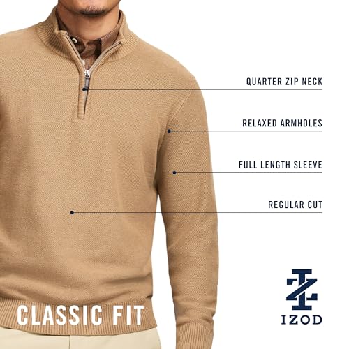Izod Men's Luxury Classics Quarter Zip Sweater, Camel Heather Honeycomb, XX-Large