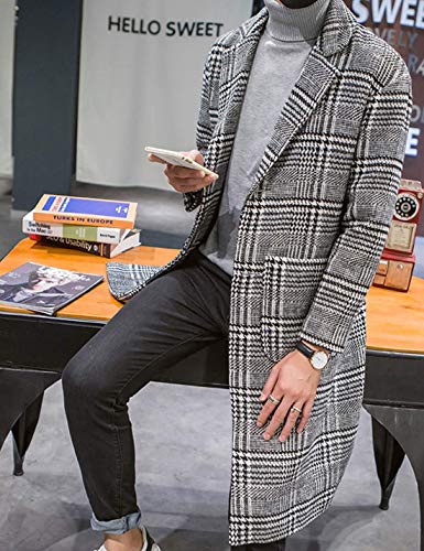 UANEO Mens Trench Coat Single Breasted Plaid Mid Long Peacoat Pea Coats (Gray, M)
