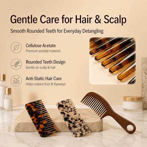 Wide Tooth Comb Set, 3-Piece Cellulose Acetate Detangler with 2 Travel Sizes and 1 Handled Home Comb, Anti-Static for Curly, Thick, Wavy, Wet or Dry Hair