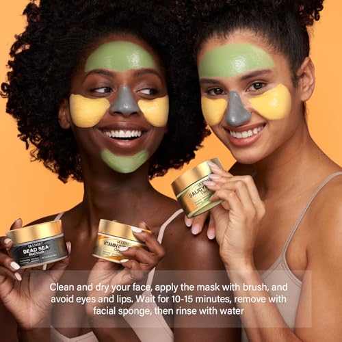 Facial Clay Mask Set - Vitamin C Turmeric Face Mask, Dead Sea Mud & Salicylic Acid (BHA) Mask for Pore Cleansing, Brightening, Blackheads & Dark Spots, Face Masks Skincare Gift for Women, 2.82 oz each