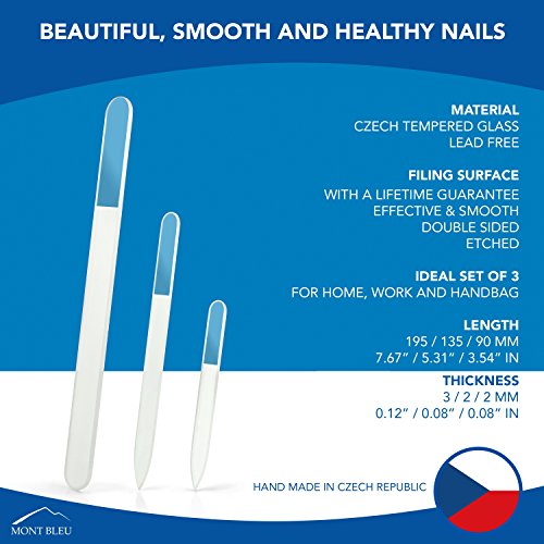 Glass Nail File - Mont Bleu Premium Set of 3 Crystal Nail Files in Pouch - Handmade Gifts - Best Glass Nail Files for Natural Nails - Washable Double Sided Nail File - Etched Nail Files