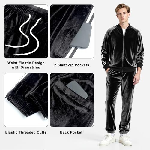 Heyfanee Mens Track Suits 2 Piece Set Velour Black Jogging Suits for Men Winter Slim Fit Sweatsuit L