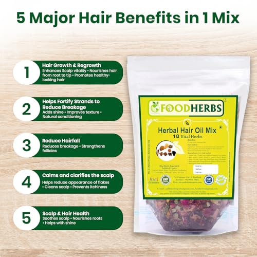 Foodherbs Premium Herbal Hair Oil Mix with 18 Ayurvedic Herbs for Natural Growth | 2x Long Hair | Strong Roots | Fuller Volume | Shiny Healthy Strands | DIY Oil Infusion | Hair Care | Thanks Giving