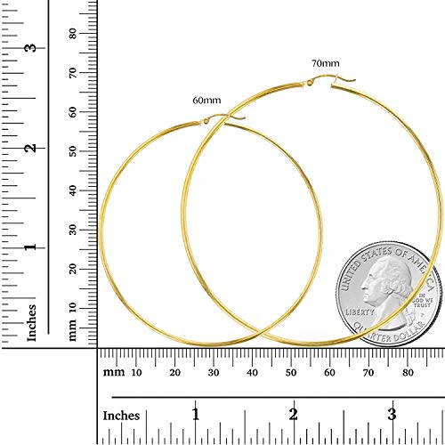 10K Yellow Gold Solid Polished Round Hoop Earrings for Women | 2mm Thick | Classic Style | Round Hoop Earrings | Secure Click-Top | Shiny Polished Earrings for Women, 2x70mm