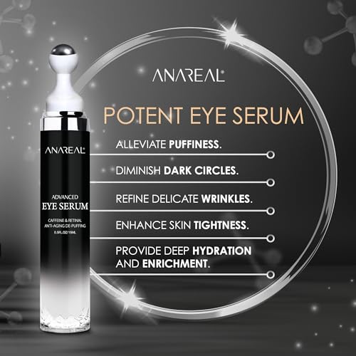 ANAREAL Eye Bags Treatment for Men and Women : Caffeine Under Eye Cream for Dark Circles & Puffiness - 360° Eye Roller for Puffy Eyes