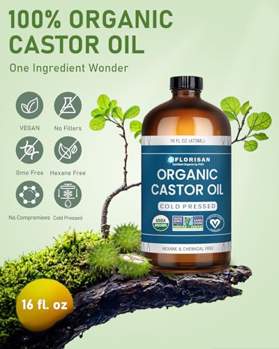 Florisan USDA Certified Organic Castor Oil 16oz Glass Bottle, Cold Pressed, Hexane-Free, Non-GMO, Vegan, 100% Pure Castor Oil for Hair Growth, Skin, Lashes, Eyebrows, EWG Verified