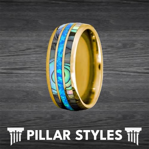 14K Gold Opal Wedding Band Tungsten Rings with Abalone Shell 8mm Yellow Gold Ring Mens Wedding Bands with Ocean Blue Opal Inlay Tropical Engagement and Anniversary Gifts for Couples