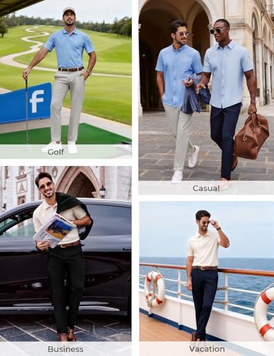 PJ PAUL JONES Men's Dress Pants Stretch Golf Pants Slim Fit Tapered Dress Work Casual Extended Waist Trousers Beige Gray M