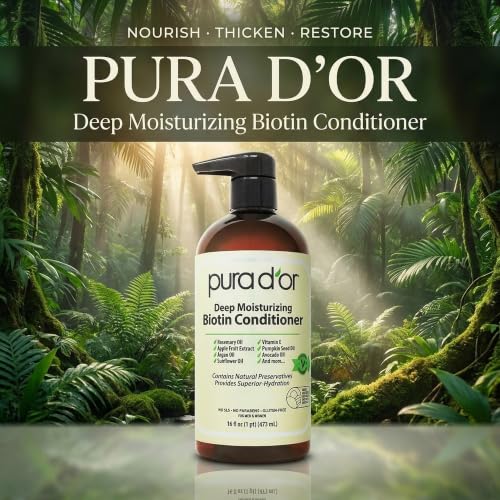 PURA D'OR Deep Moisturizing Biotin Hair Regrwoth Conditioner Thickens, Softens, & Moisturizes Dry, Frizzy, Damaged Hair w/Argan Oil, Pumpkin, Rosemary, Honeysuckle, Vitamin E, Men & Women, 16oz