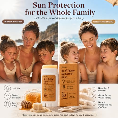 Beef Tallow Sunscreen Organic Stick SPF 50 – Non Nano Zinc Oxide Tallow-Based Mineral Sunscreen with Honey & Beeswax for Face & Body, Water-Resistant Natural Sunblock, 0.53 oz