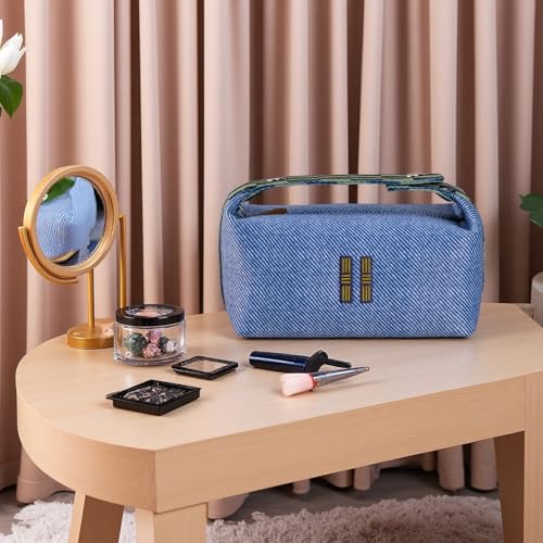 Sluxa NEW Makeup Bag - Her Inspired, Stylish, Lightweight, and Practical, Luxury Craft Travel Toiletry Bag for Daily Use & Travel Essentials, Easy Carry & Neat Storage (Blue)