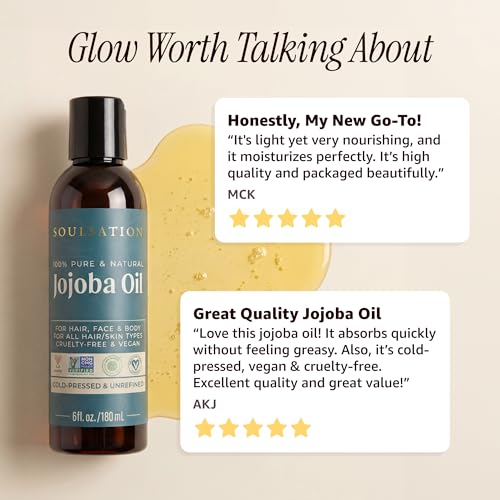 SOULSATION Pure Jojoba Oil for Skin, Hair, Face & Body 100% Natural, Cold Pressed, Unrefined | Non-GMO, EWG Verified, Cruelty-Free, Vegan Moisturizing Oil for Dry Skin, Scalp & Beard 6oz
