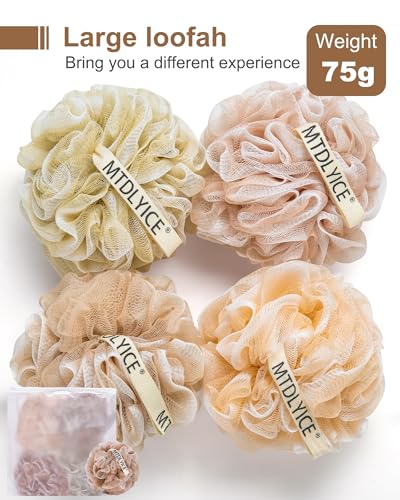 MTDLYICE Loofah Sponge, XL Large Loofah 75g 4 Pack, Bath Sponge Soft Mesh Shower, Body Scrubber, Loofah for Men, Bath Accessories Body wash Foaming (Beige)