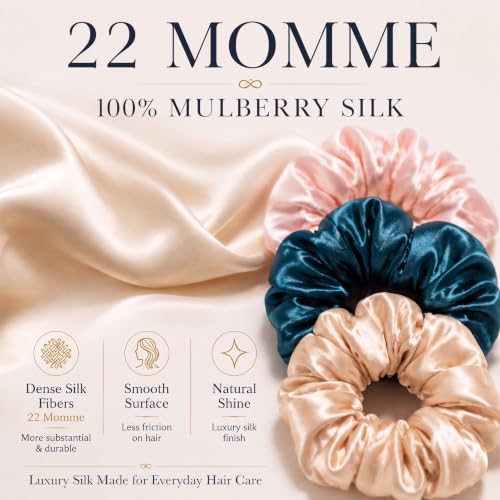 Silk Scrunchies for Hair 100% Mulberry Silk Hair Ties 3 Pack(Pink, Peacock Blue, Apricot)