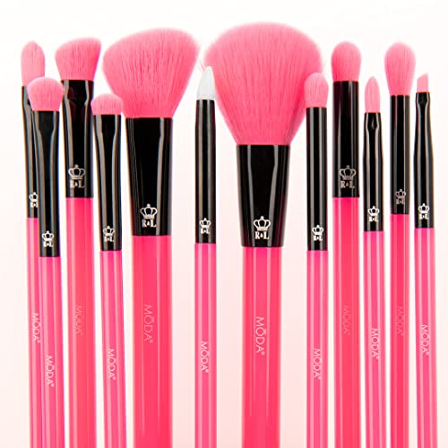 MODA Neon Pink Makeup Brush Set, 12pc Colorful Face & Eye Brushes, Vegan