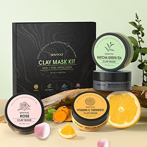 SHVYOG 4Pcs Face Mask Set - Turmeric Clay Mask, Vitamin C, Green Tea, Rose, Dead Sea Mud Mask, Skin Care Mask for Deep Cleansing, Refining Pores, Valentine's Day Gifts for Women- 240g