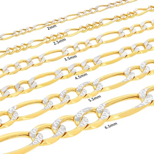 Nuragold 14k Real Yellow Gold Figaro Link Pave Diamond Cut Chain Necklace - 28",5.5mm
