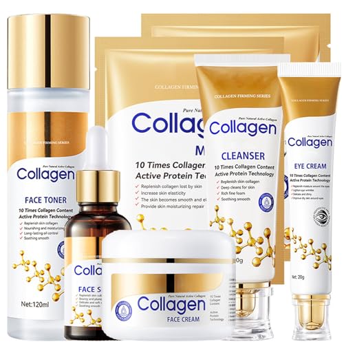 Collagen Skin Care Set, 6Pcs Face Care Sets for Older Women, Firming Skin, Shrink Pores, Smooth Wrinkles, Hydrating Skin Care Set Include Serum Face Cream Eye Cream Toner Cleanser Facial Mask1