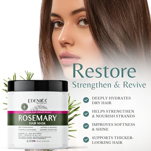 EDENIKA BOTANICALS Rosemary Hair Mask with 100% Rosemary Oil & Biotin, Anti-Hair Loss & Strengthening Treatment, Deep Conditioning & Hydration for Thicker-Looking Hair, Sulfate-Free, Men & Women
