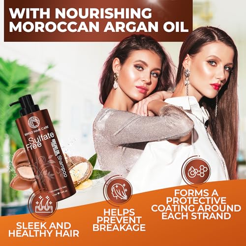 BINGO HAIR CARE Moroccan Argan Oil Shampoo - Sulfate Free, Anti Frizz Hydrating Thickening Care for Women and Men - Deep Moisturizing Treatment for Color Treated, Curly, Frizzy, Damaged and Dry Hair