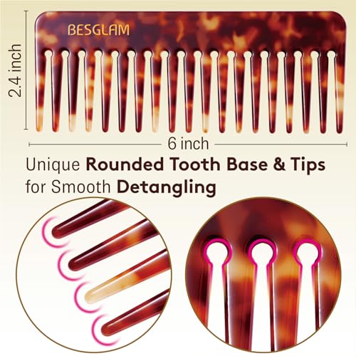 BESGLAM Wide Tooth Comb for Curls & Thick Hair - Large Detangling Comb for Women, 6 Inch Full-hand Length Acetate (Anti-Static), Wet/Dry Use, Reduces Breakage, (Tortoise)