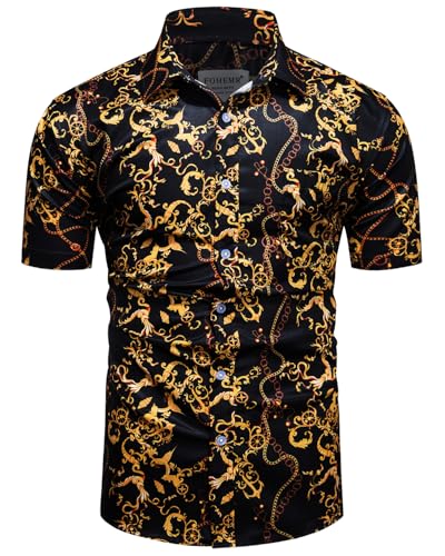 fohemr Mens Luxury Shirts Black Gold Chain Print Dress Shirt Baroque Short Sleeve Casual Button Down Design buchona Shirts 3X-Large