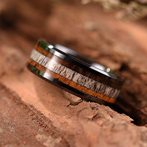 THREE KEYS JEWELRY 8mm Ceramic Couples Bands Rings with KOA Wood & Antler Inlay Promise Fashion Ring Wedding Band for Him and Her Men Marriage Promise Viking Size 10