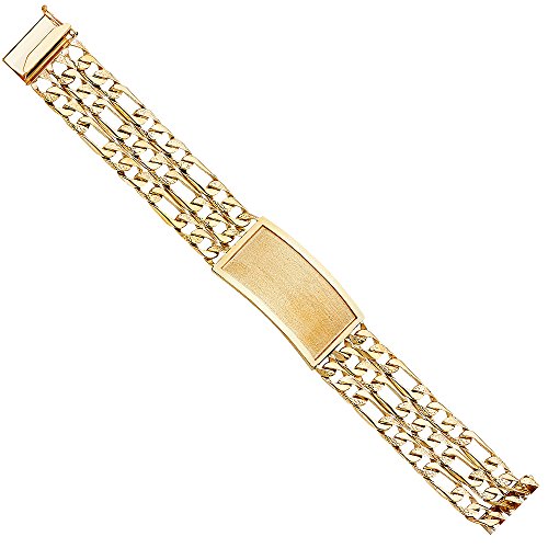 14k REAL Yellow Gold Men's 3 Line Nugget Figaro Link ID Bracelet - 9"