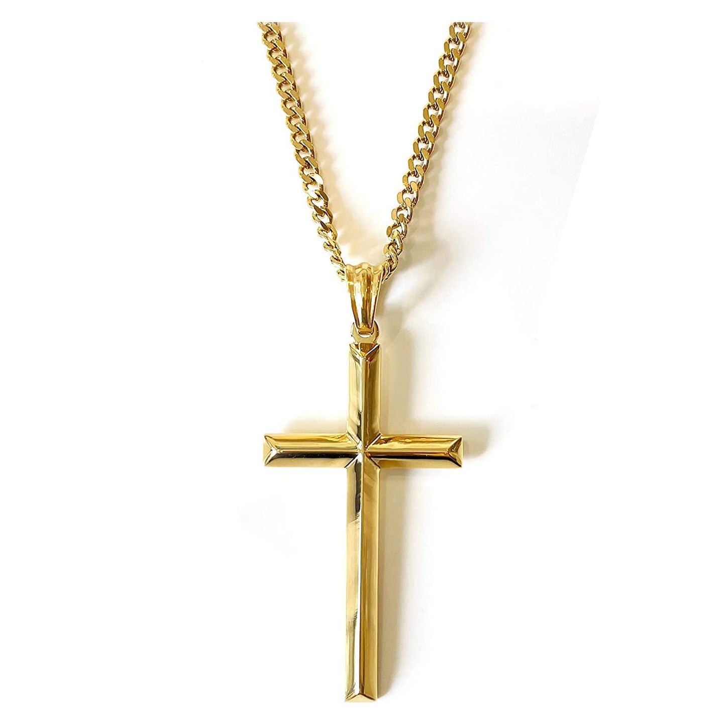 ADORATO JEWELRY 14K Gold Chain Style Cross Pendant Necklace Solid Clasp for Men, Husband Thin for Charms Miami Cuban Link Diamond Cut Religious Beveled Edge (24)