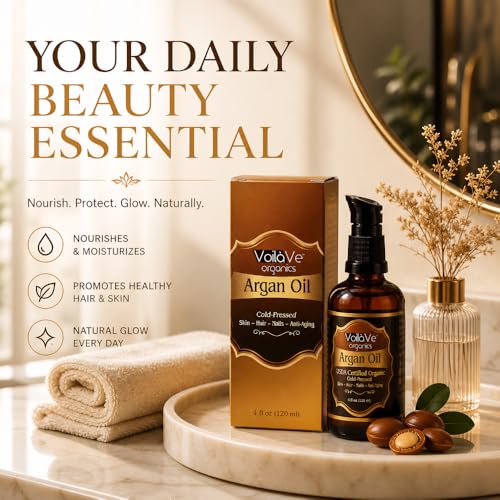 VoilaVe USDA Pure Organic Moroccan Argan Oil for Skin, Nails & Hair Growth, Anti-Aging Face Moisturizer, Cold Pressed, Hair Moisturizer, Rich in Vitamin E, As Seen On TV - 4 fl oz