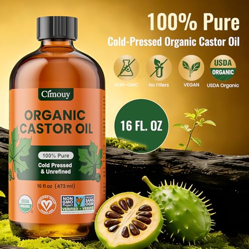 Cimouy USDA Organic Castor Oil Glass Bottle16oz,Vegan,EWG Verified 100%Pure