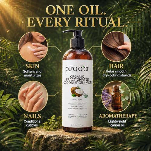 PURA D'OR Fractionated Coconut MCT Oil USDA ORGANIC Skin Hair 16oz