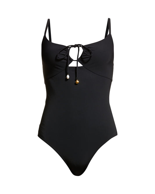Tory Burch Women's Solid Black Ruched Tie Front One Piece Swimsuit (XL)
