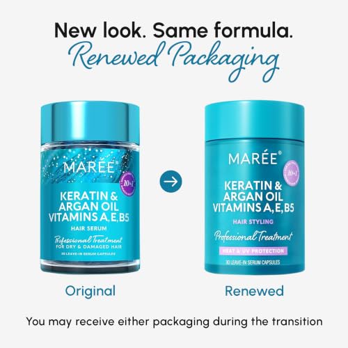 MAREE Hair Serum for Frizzy Dry Hair – Styling Capsules with Keratin, Argan Oil, Vitamins A E B5 – UV & Heat Protectant Frizz Control Serum for Women – Aceite Para el Cabello Treatment
