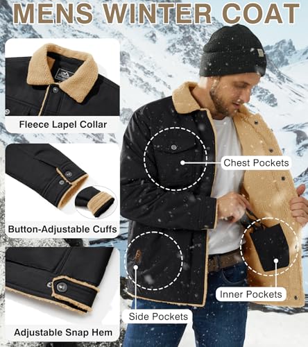 EKLENTSON Winter Coats for Men Fleece Lined Warm Sherpa Outdoor Jacket for Cold Weather, Black, XX-Large