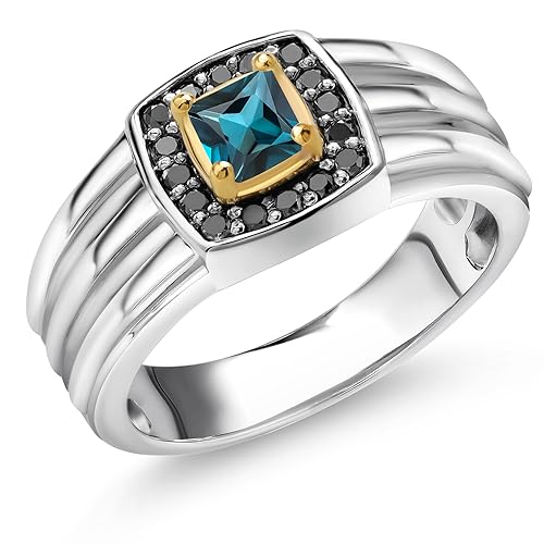 Gem Stone King Men's 925 Sterling Silver and 10K Yellow Gold 4MM Princess Gemstone Birthstone and Black Diamond Ring Available In Size 7, 8, 9, 10, 11, 12, 13