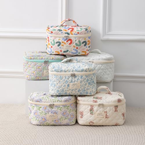 uekeboag Large Travel Quilted Makeup Bag for Women (01Lithtblue-flower)