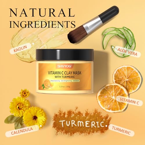 SHVYOG Turmeric Vitamin C Clay Mask with Kaolin Clay for Dull & Blemish-Prone Skin, Deep Cleansing Facial Mask, Face Masks Skincare for Controlling Oil and Refining Pores 5.29 Oz 150g